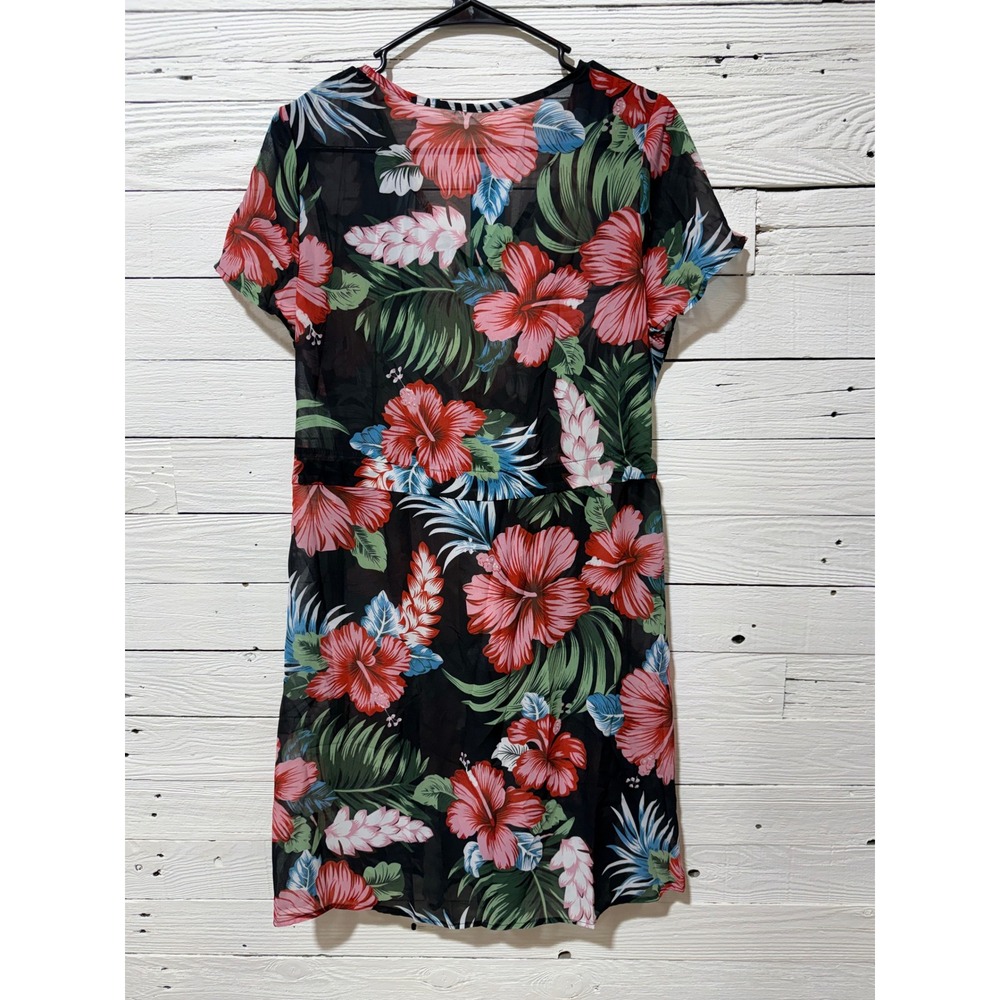 Cupshe Swim Cover Up Women Large Black Tropical Floral NWT Mesh V-Neck Dress - Picture 5 of 5